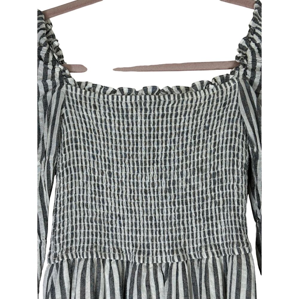 Aqua Gray & White Stripe Cotton Square Neck Smocked Lined Peasant Dress Size S - Picture 2 of 8